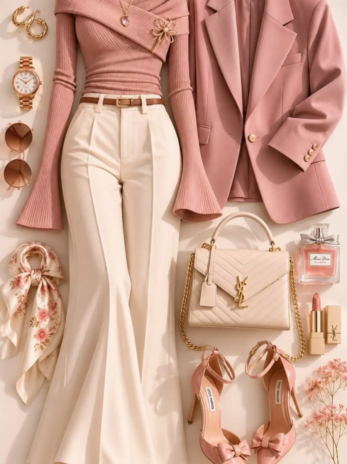 13 Going on 30 Outfits: 6 Ideas to Recreate the Iconic Style 6 Pink blazer and ribbed top paired with cream flared trousers and matching accessories.