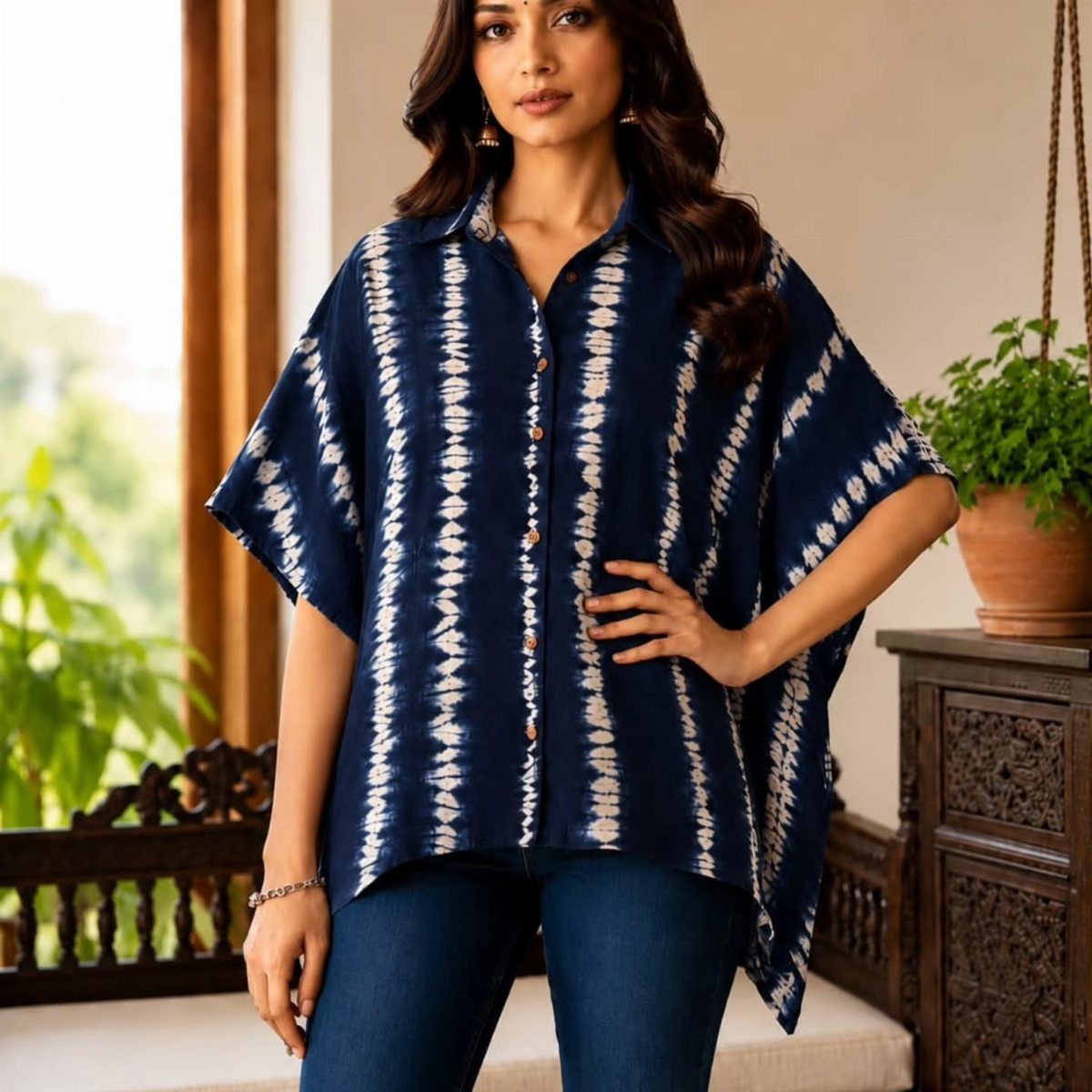 Woman wearing a navy tie-dye short-sleeve button-down shirt and dark blue denim jeans.