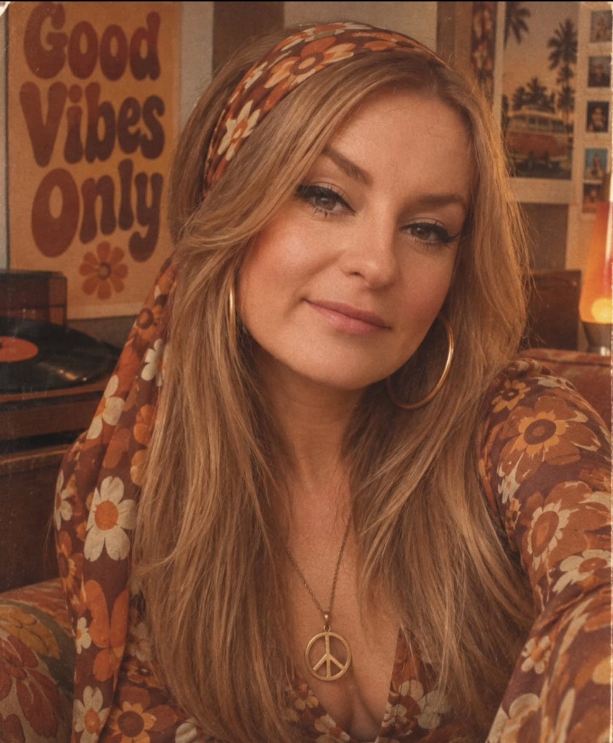 70's Inspired Outfits: 13 Retro Looks to Try Right Now 5 Woman wearing a brown floral print blouse, matching headband, and peace sign necklace.