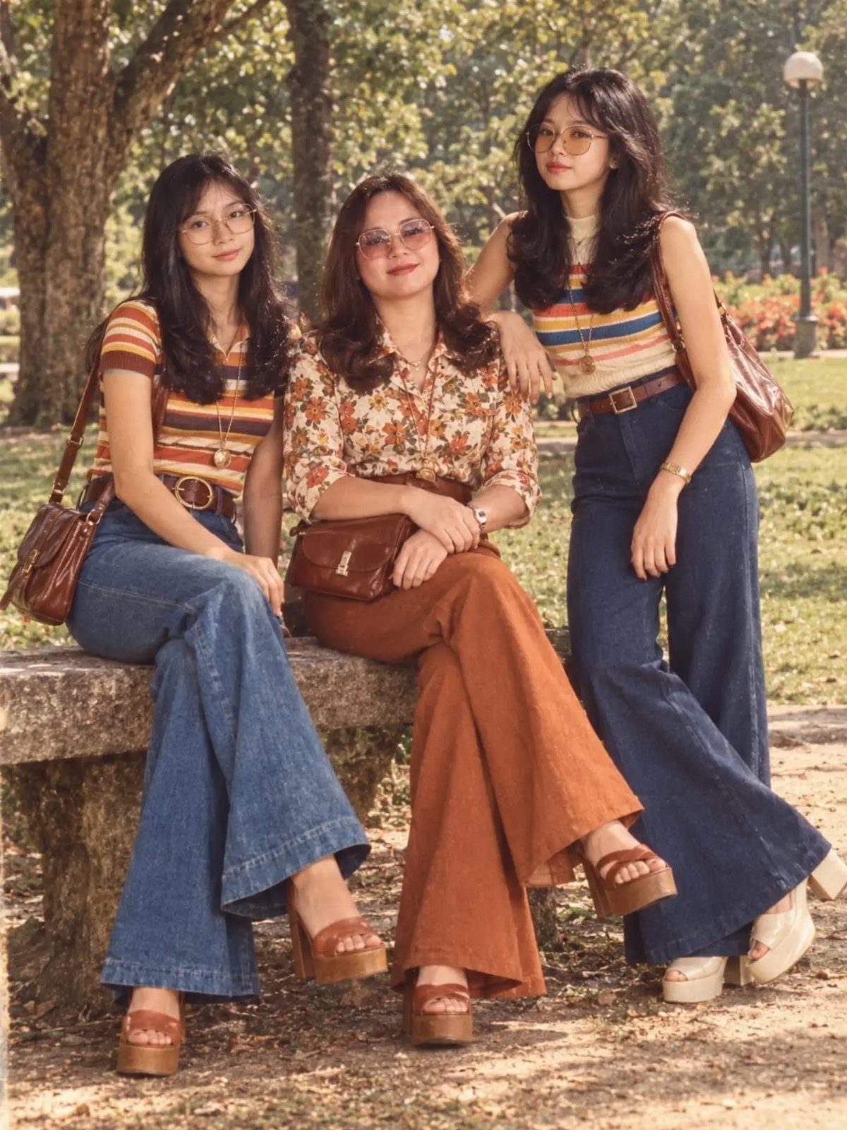 70's Inspired Outfits: 13 Retro Looks to Try Right Now 8 Three women wearing 70s inspired casual outfits with flared pants and platform shoes.