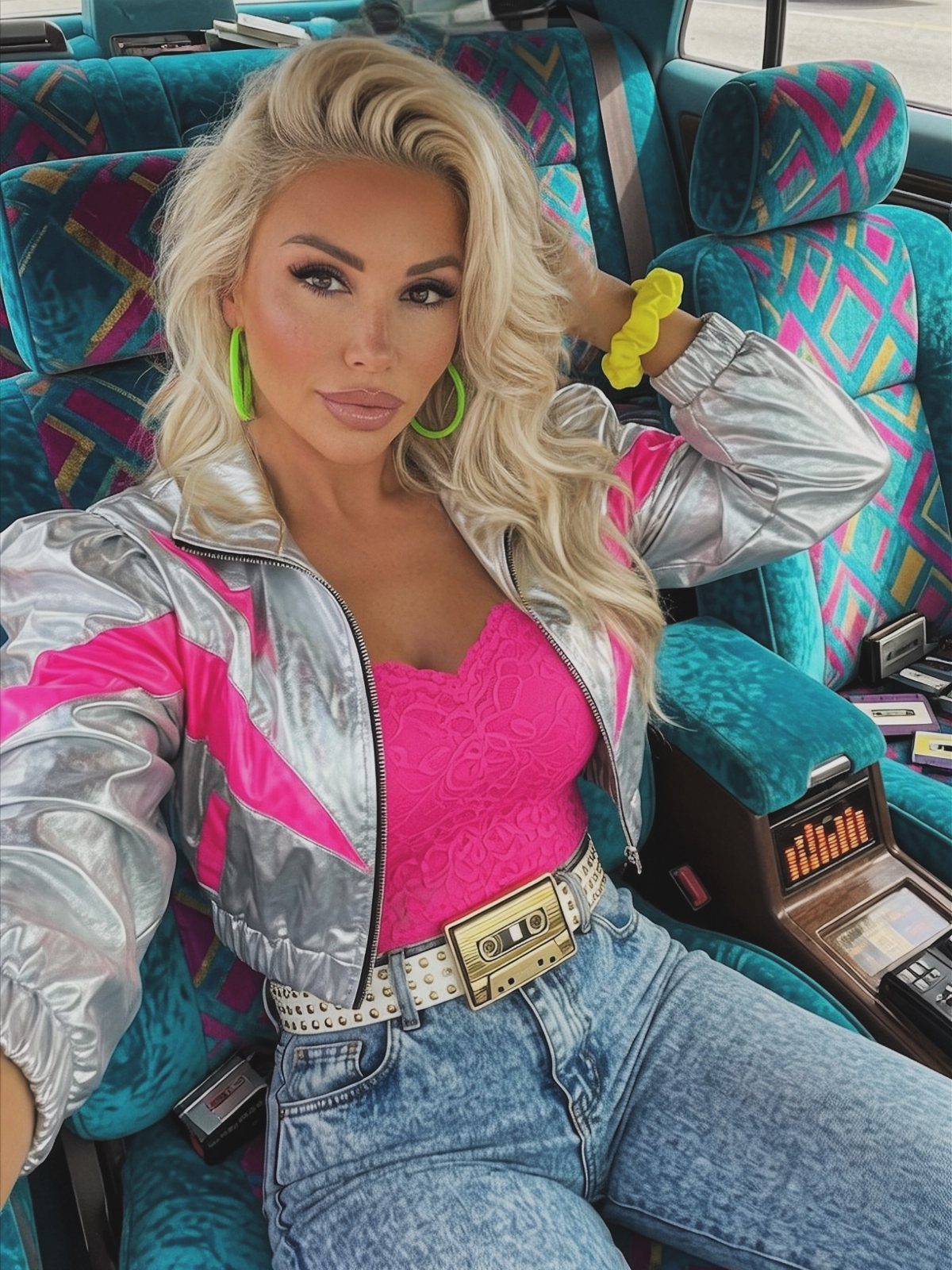 80s Inspired Outfits: 8 Bold Looks to Recreate the Decade 7 Blonde woman wearing neon green hoop earrings and a metallic silver jacket.