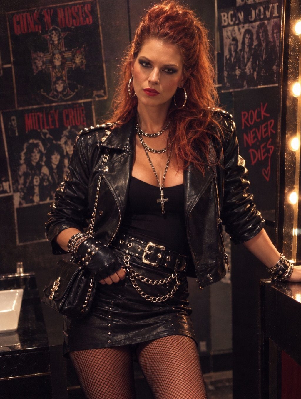 80s Inspired Outfits: 8 Bold Looks to Recreate the Decade 4 Woman with red hair wearing large silver hoop earrings and a black leather outfit