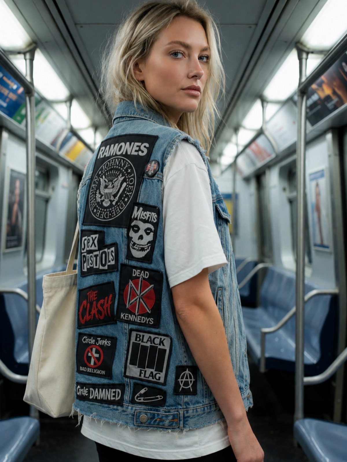 Woman wearing a denim vest with punk band patches inside a subway car.