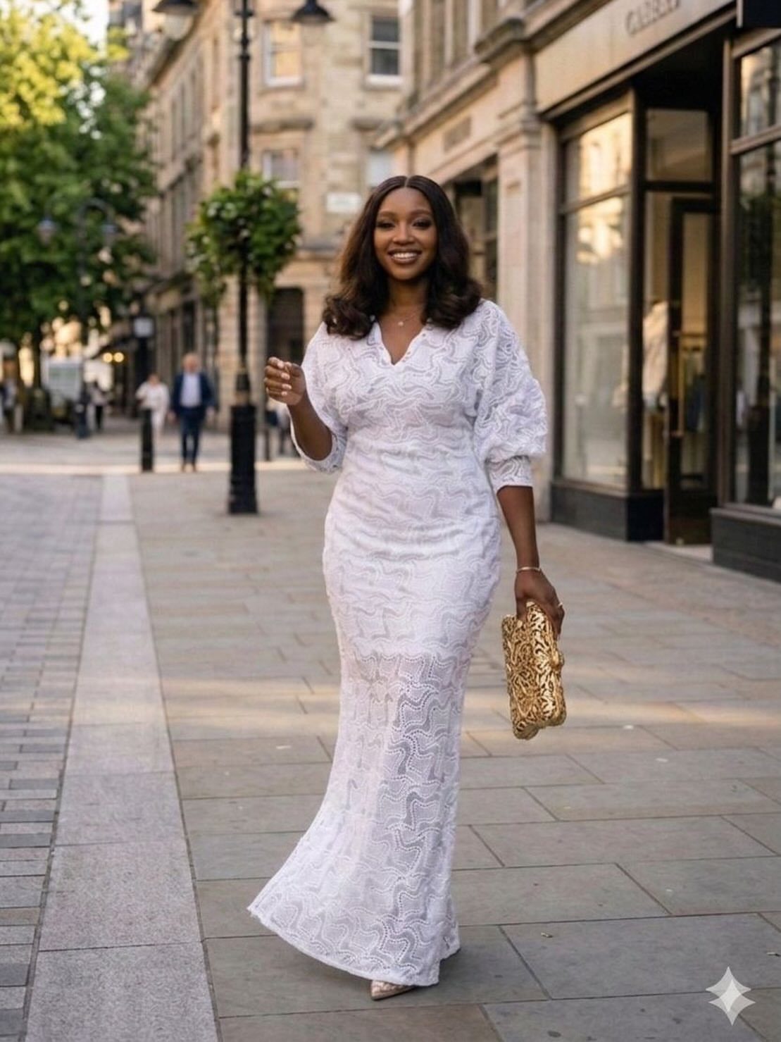 All White Party Outfits for Women: 10 Chic Ideas to Wear 2 Woman in a white patterned maxi dress with puff sleeves on a city street