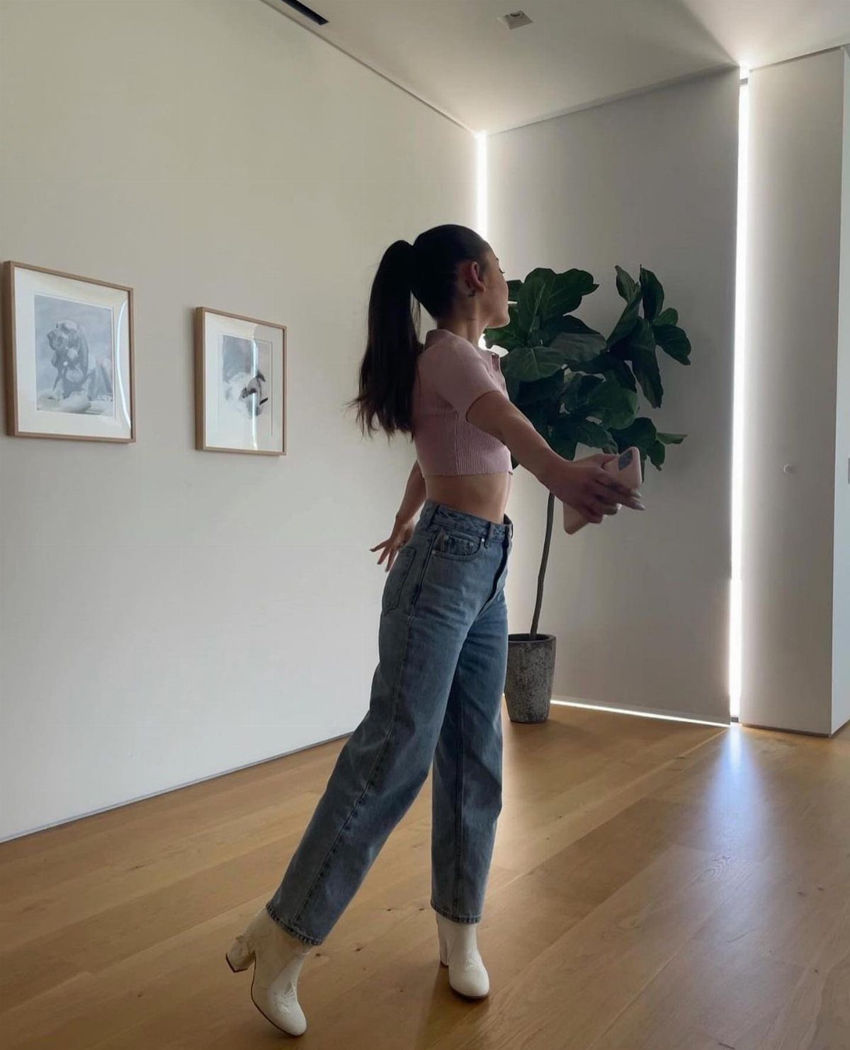 Ariana Grande Concert Outfits: 12 Looks for 2026 Shows 8 Woman in pink crop top and wide-leg jeans posing in a modern room.