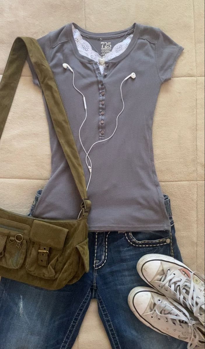 Bella Swan Outfits: 10 Iconic Looks from the Twilight Saga 2 Grey henley shirt, blue jeans, white sneakers, and olive green bag in a flat lay.