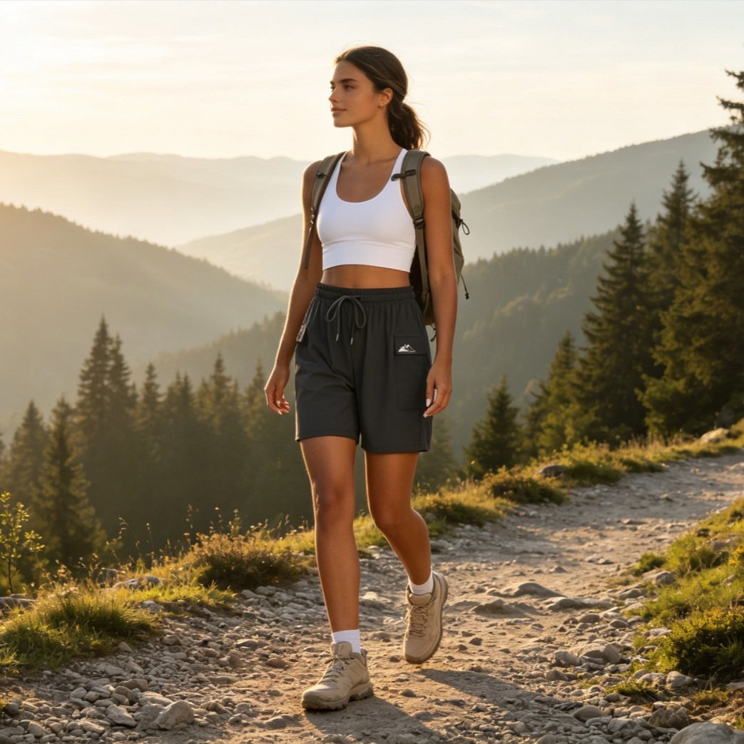 Costa Rica Outfits: 10 Ideas for Your Trip 1 Woman in grey hiking shorts and tan boots walking on a mountain trail.