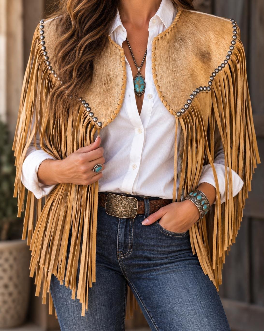 10 Cute Country Outfits with Denim, Boots, and Fringe 9 Tan suede fringe jacket with cowhide yoke worn with white shirt and blue jeans.