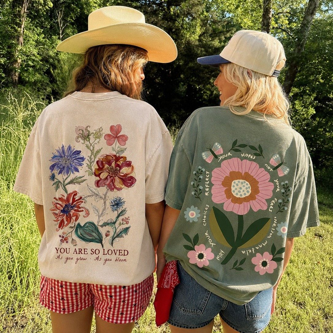 12 Cute Summer Outfits to Keep You Cool and Stylish 8 Two women wearing graphic t-shirts and shorts standing in a sunny outdoor field.