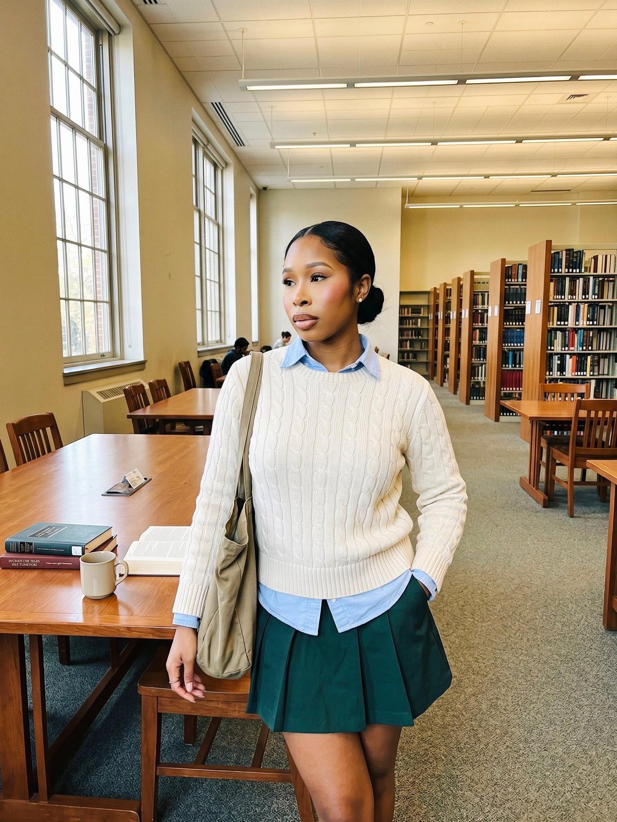Dark Academia Outfits Female: 12 Ideas for Timeless Style 10 Woman in a library wearing a cream cable-knit sweater and green pleated skirt.