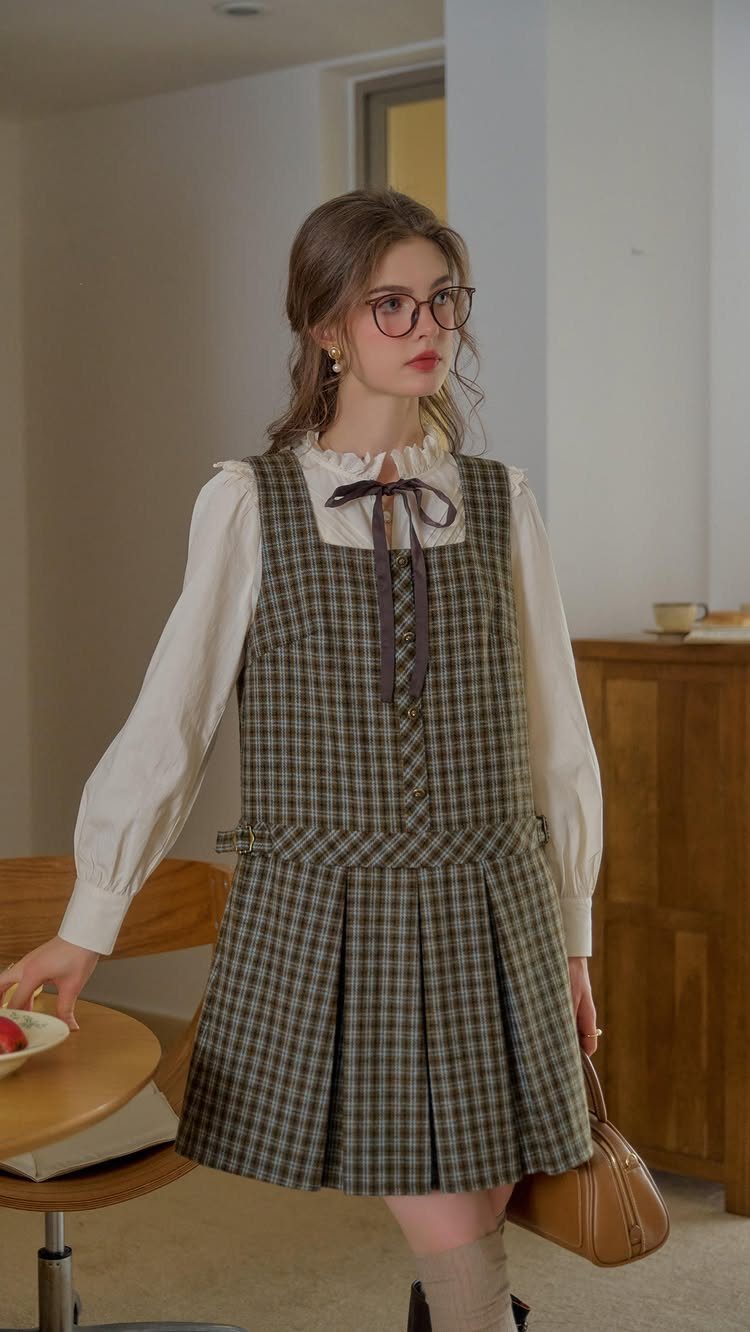 Dark Academia Outfits Female: 12 Ideas for Timeless Style 9 Woman in a plaid pinafore dress and white blouse wearing glasses indoors