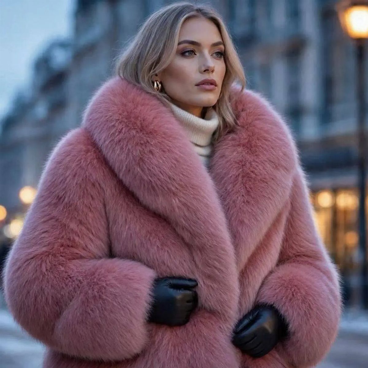 10 Elle Woods Outfits That Defined a Generation of Style 1 Woman wearing a voluminous fluffy pink faux-fur coat and black leather gloves outdoors.