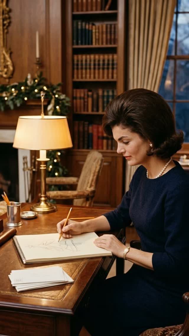 First Lady Outfits: 6 Timeless Looks to Inspire Your Style 6 Jacqueline Kennedy in a navy blue dress sketching at a wooden desk in a library.