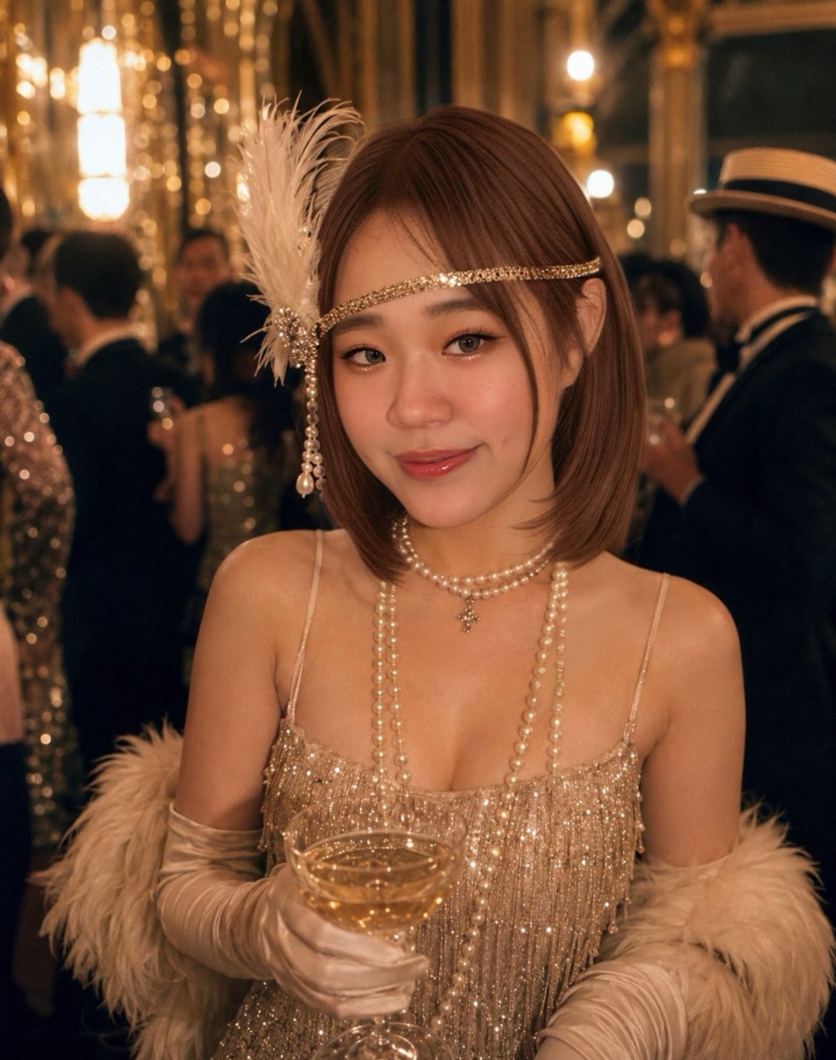 Great Gatsby Themed Outfits: 10 Ideas for Your Next Party 3 Woman in gold flapper dress wearing a feathered headband and pearl necklace.