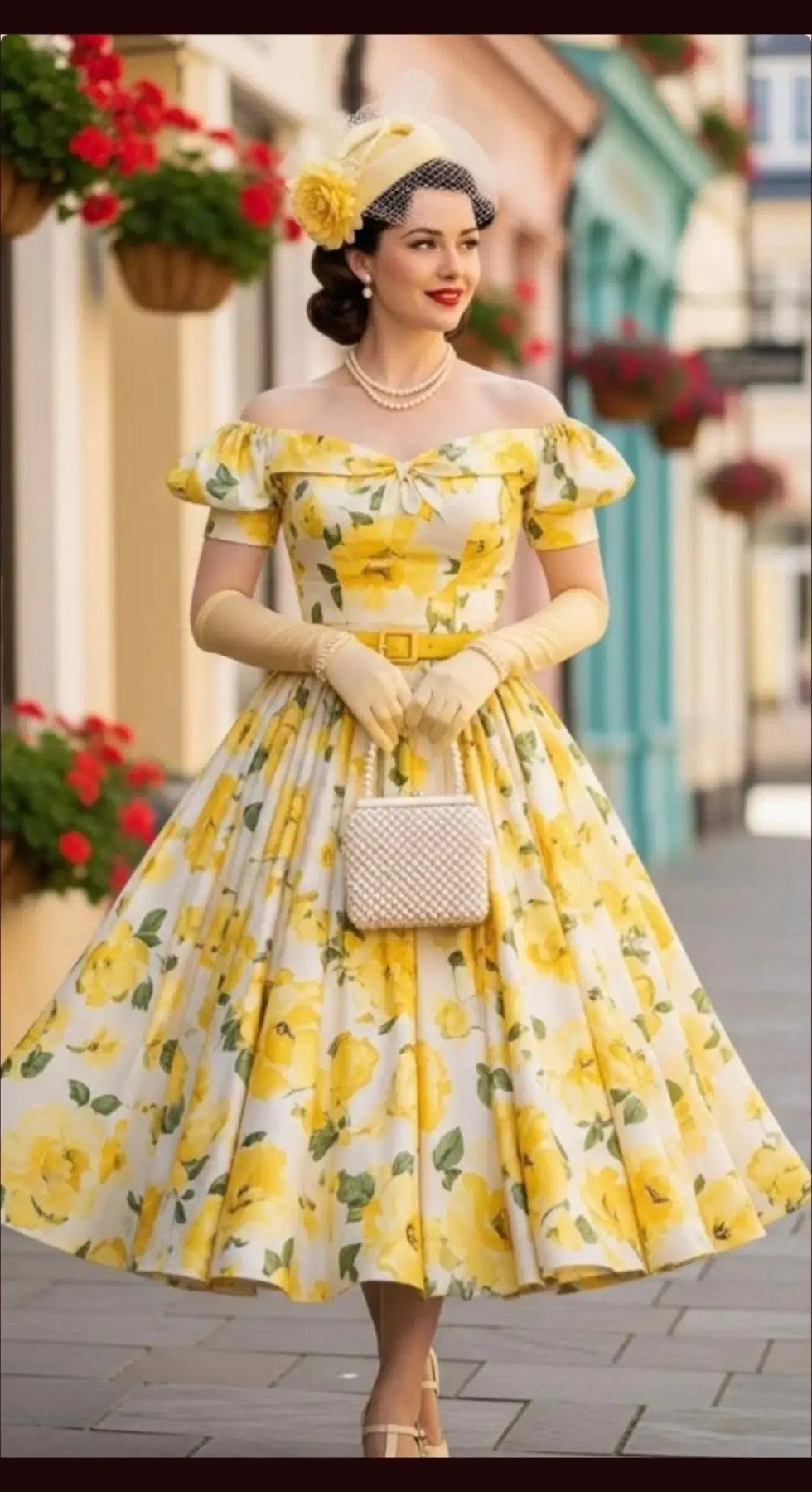 8 High Tea Outfits From Casual to Formal 5 Woman in a yellow floral vintage-style dress with matching gloves and a small hat.