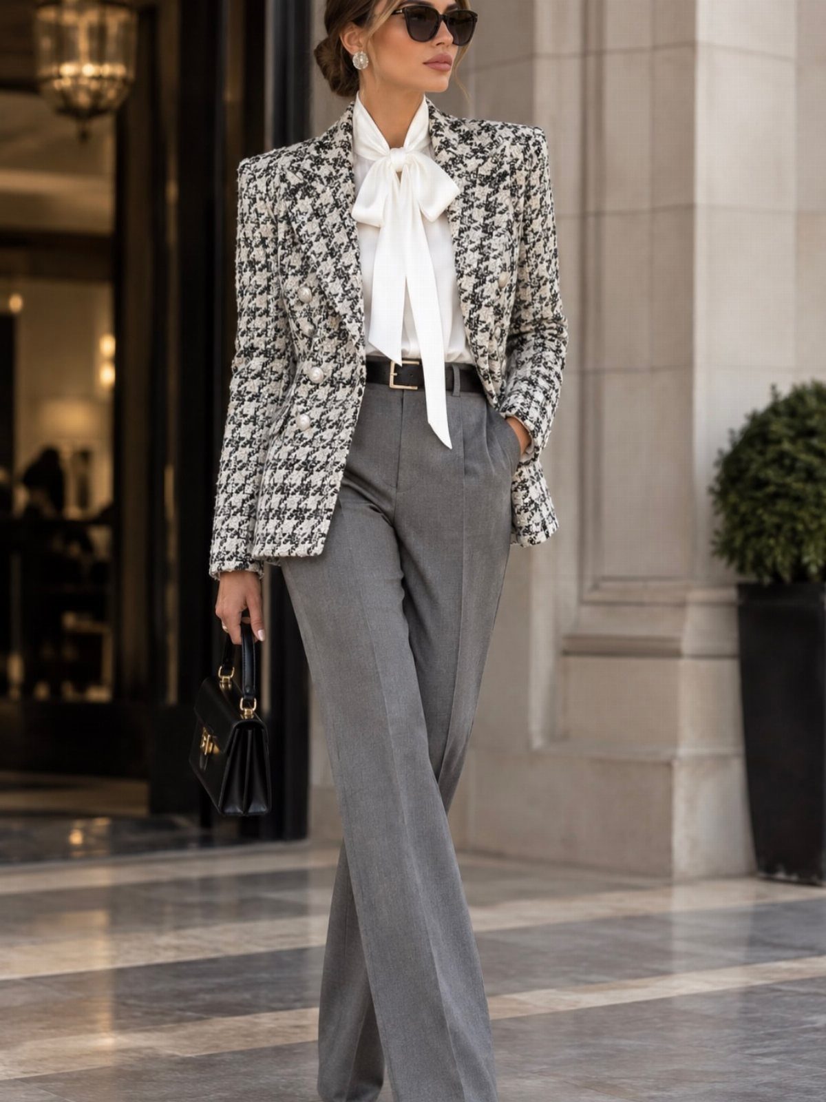 Hilary Banks Outfits: 12 Iconic Looks to Recreate Her Style 7 Woman wearing a tweed blazer, white bow blouse, and grey wide-leg trousers.