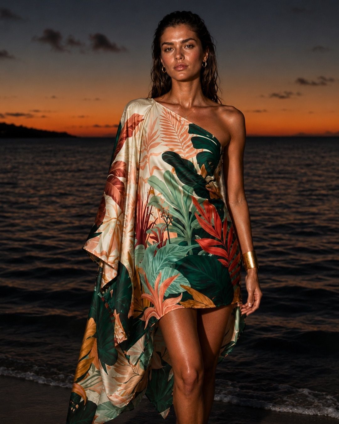 Woman in a tropical print one-shoulder cover-up standing on a beach at sunset.
