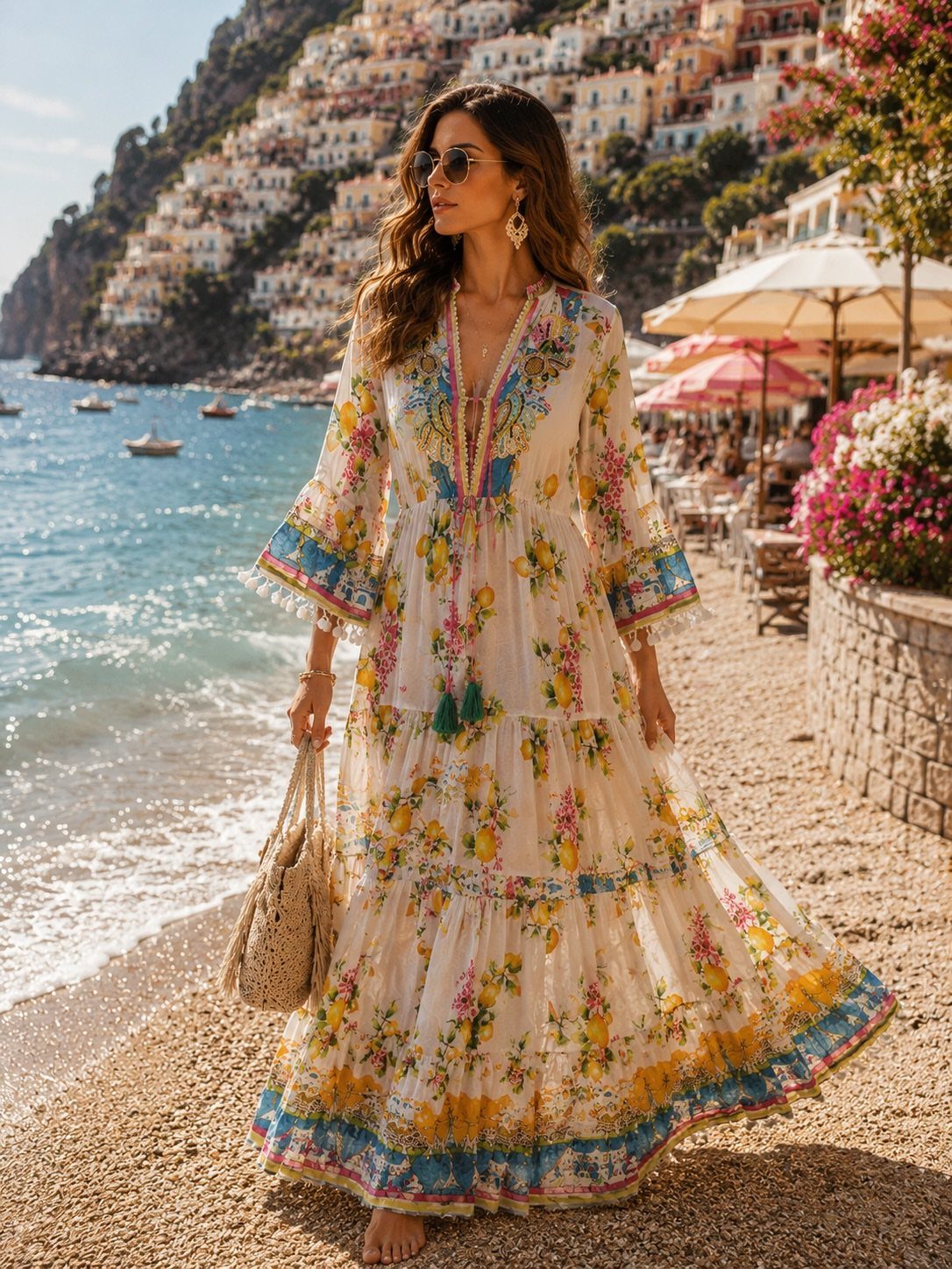 Woman in a white floral maxi dress on a pebble beach in Italy.