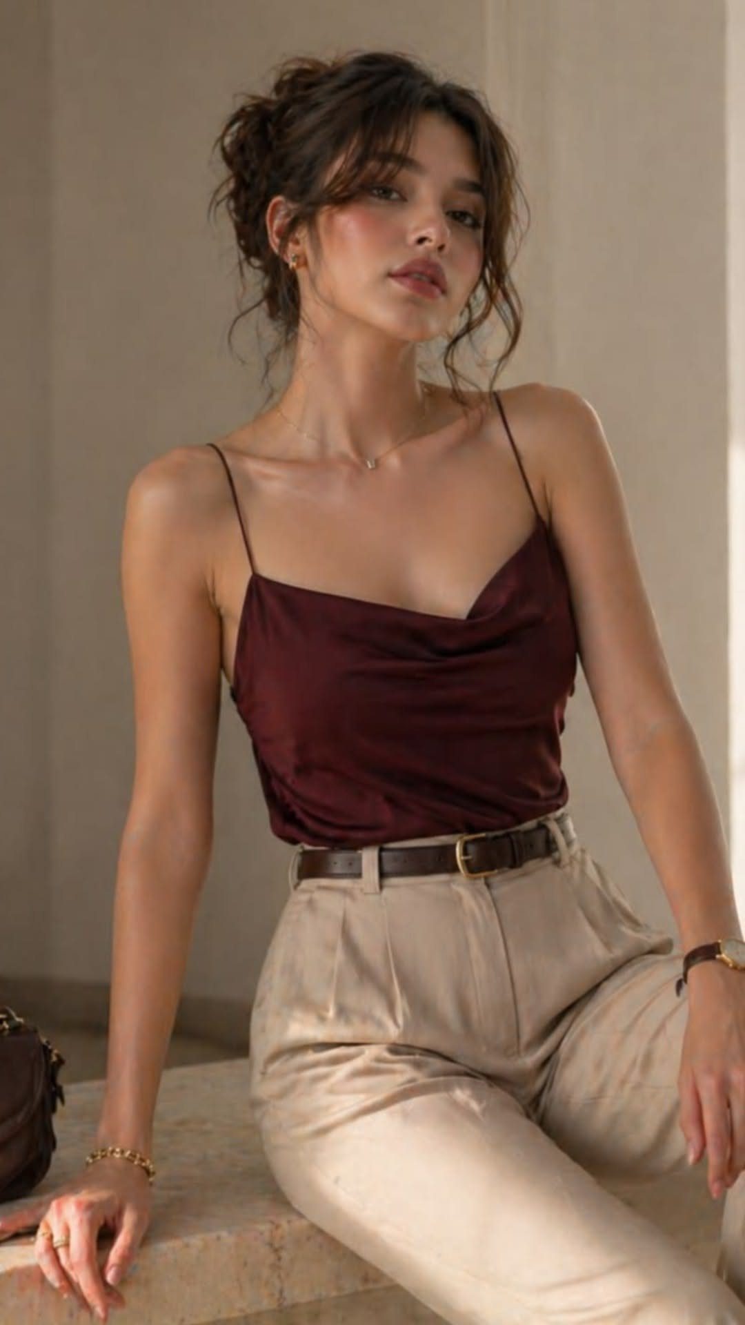 Woman wearing a burgundy satin camisole and high-waisted beige trousers with a brown belt.