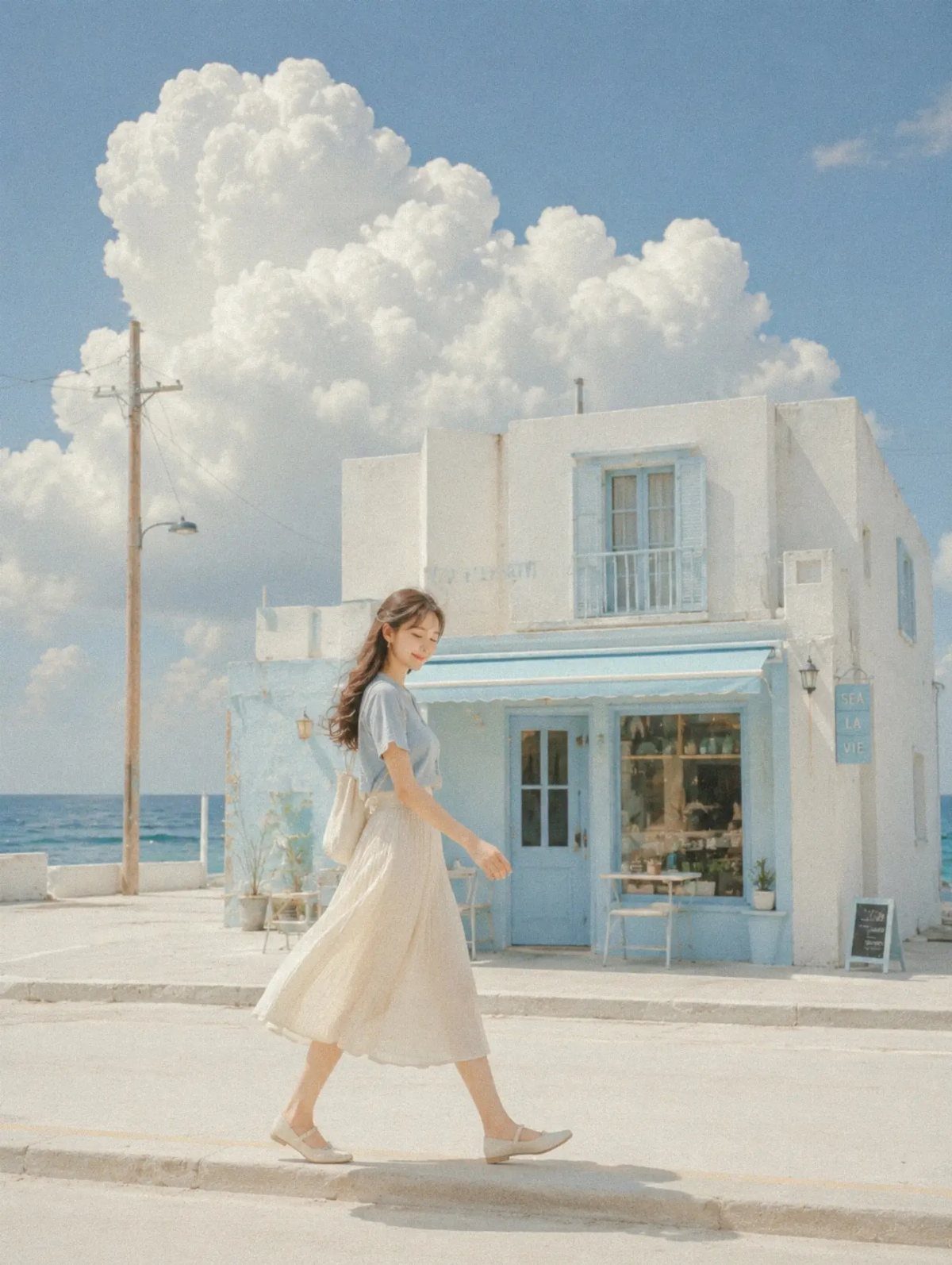 Light Summer Outfits: 8 Fresh Ideas for Cool, Soft Style 6 Woman in powder blue top and ivory skirt walking by a coastal building.