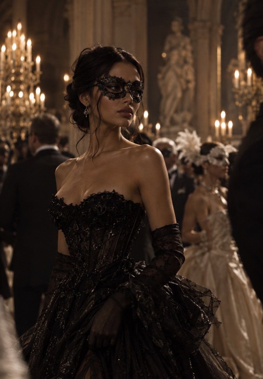 10 Stunning Masquerade Outfits for Women to Wear This Year 2 Woman in a black strapless gown and lace masquerade mask in a ballroom