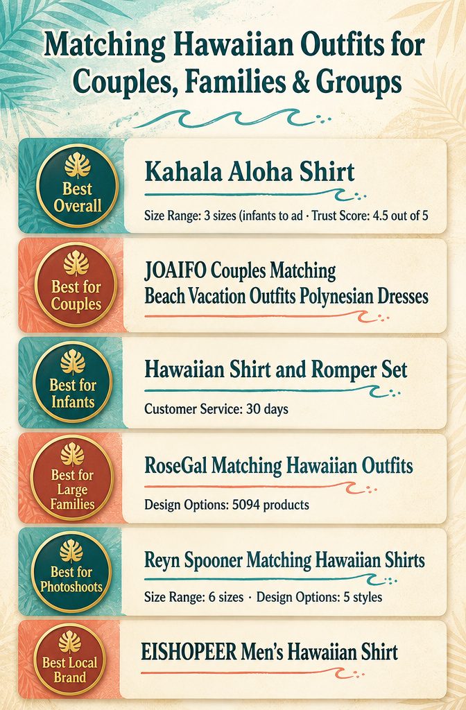 An infographic comparing different Hawaiian outfit options for families and couples.