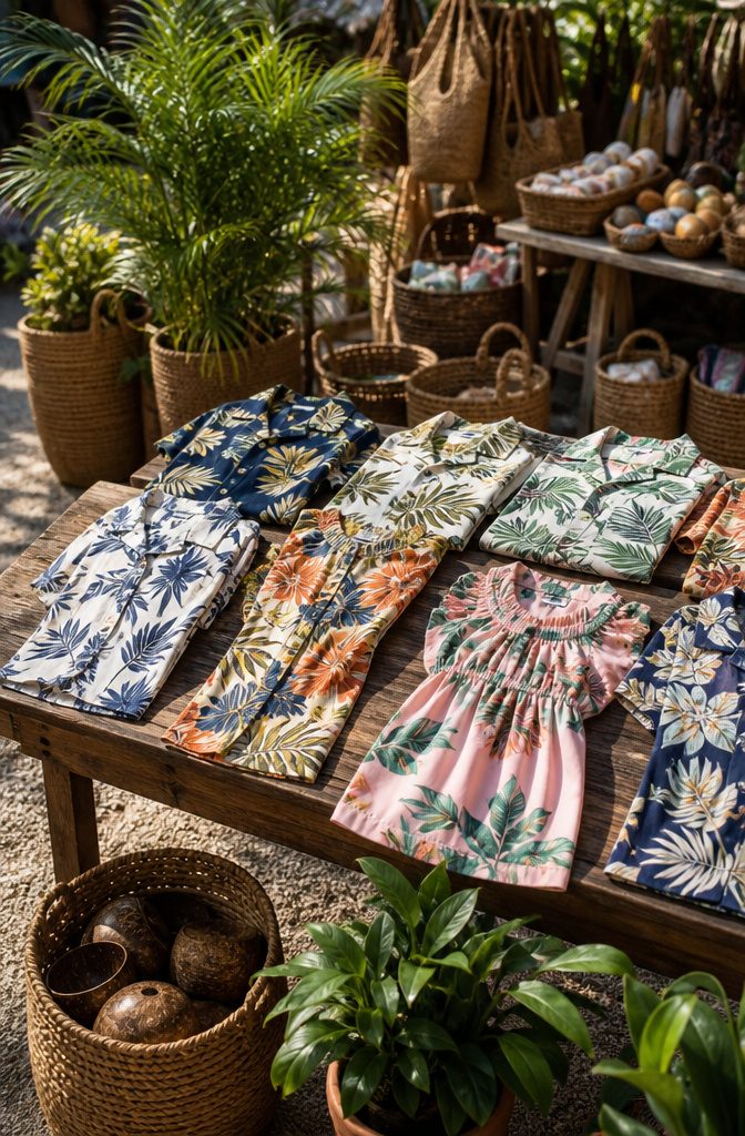 An outdoor setting with a variety of Hawaiian outfits displayed on hangers.