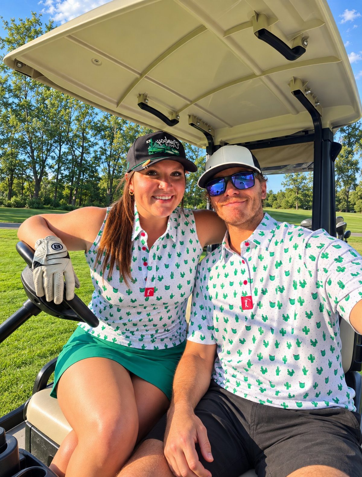 Matching Outfits for Couples: 6 Ideas from Gym to Formal 2 Couple in a golf cart wearing matching white shirts with green cactus prints.