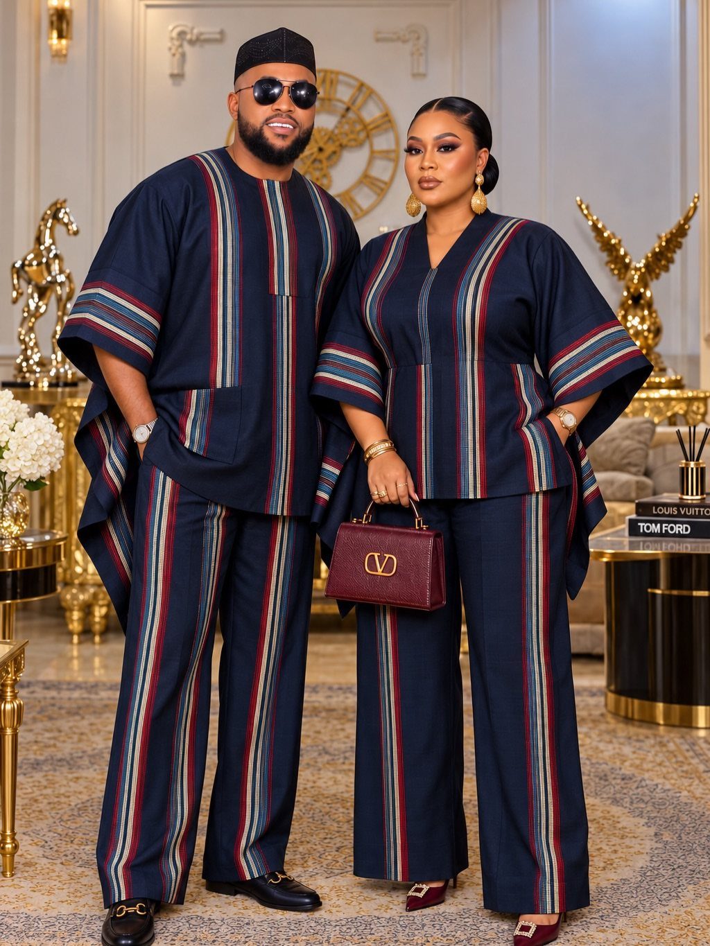 Matching Outfits for Couples: 6 Ideas from Gym to Formal 1 Couple wearing matching navy blue African print formal outfits with colorful vertical stripes.