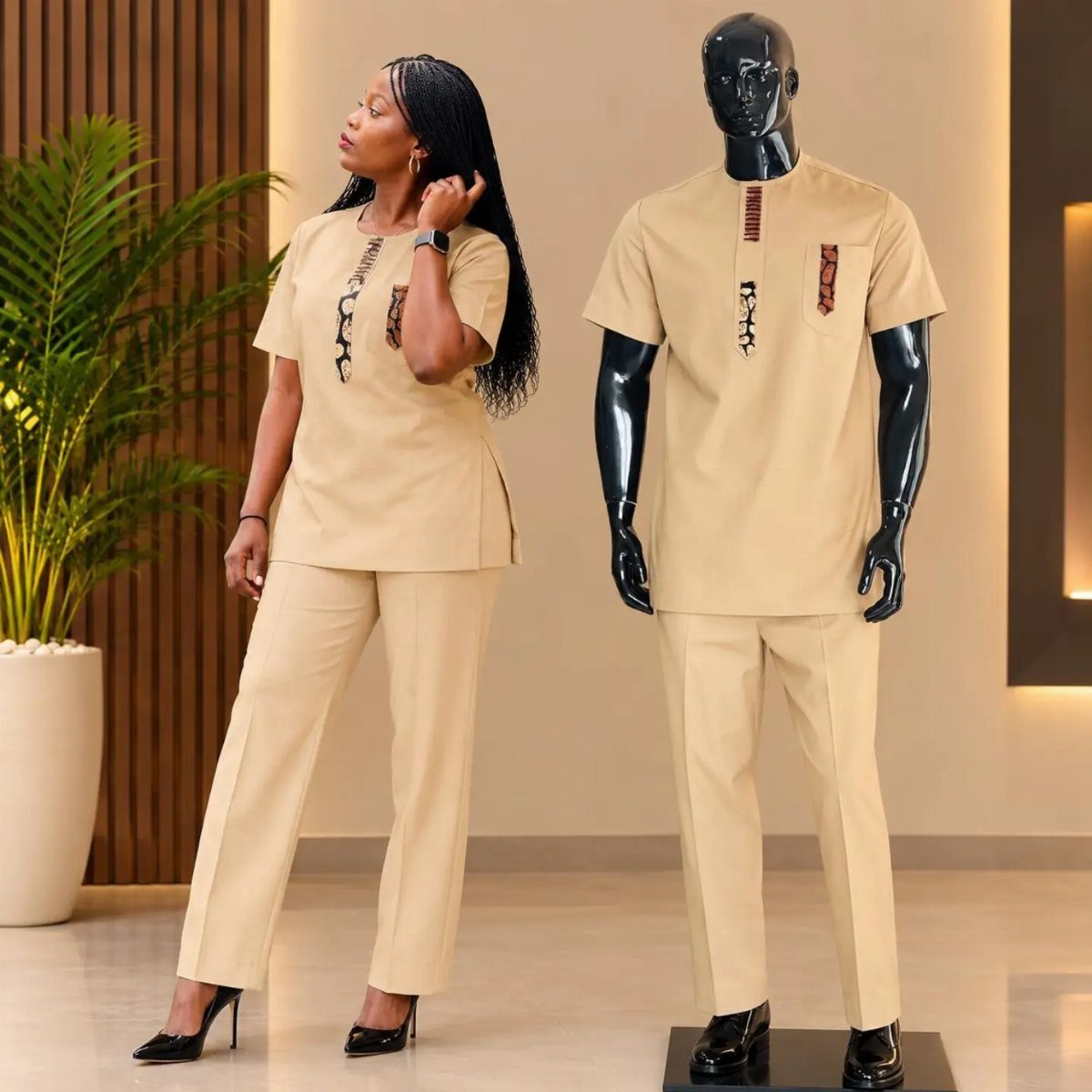Matching Outfits for Couples: 6 Ideas from Gym to Formal 3 Woman and mannequin wearing matching tan smart casual outfits with African print accents.
