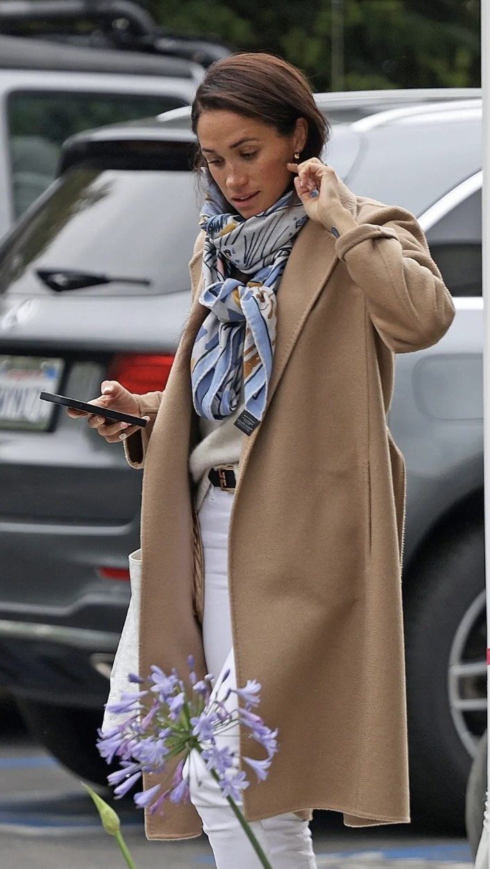 Meghan Markle Outfits: 17 Ideas from Tailored to Casual 3 Meghan Markle wearing a tan coat and a blue patterned scarf outdoors.