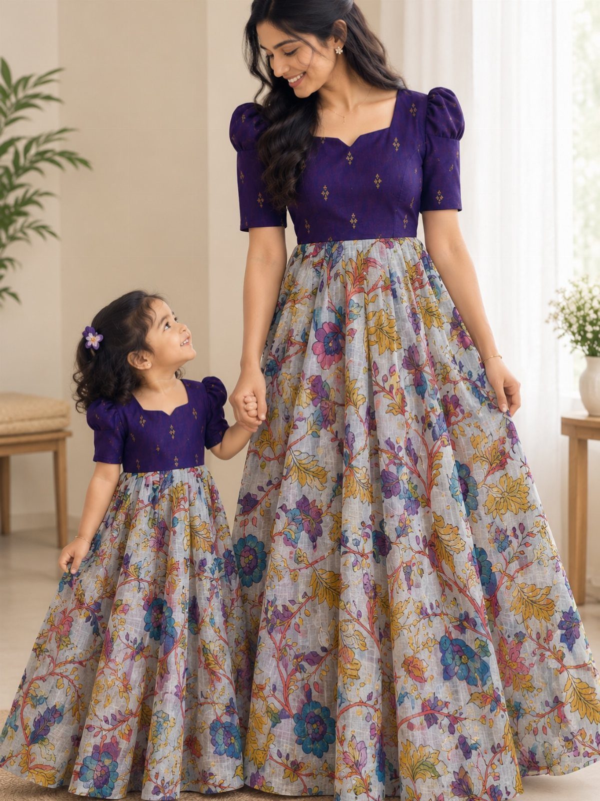 Mom and Daughter Matching Outfits for Every Occasion (6) 6 Woman and young girl wearing matching purple tops and floral print long skirts.