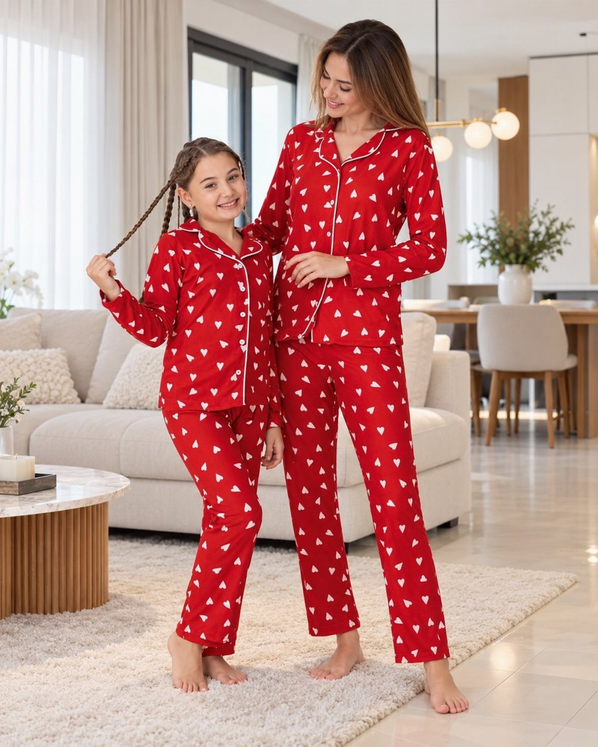 Mom and Daughter Matching Outfits for Every Occasion (6) 4 Woman and daughter wearing matching red heart-patterned pajamas in a modern living room.