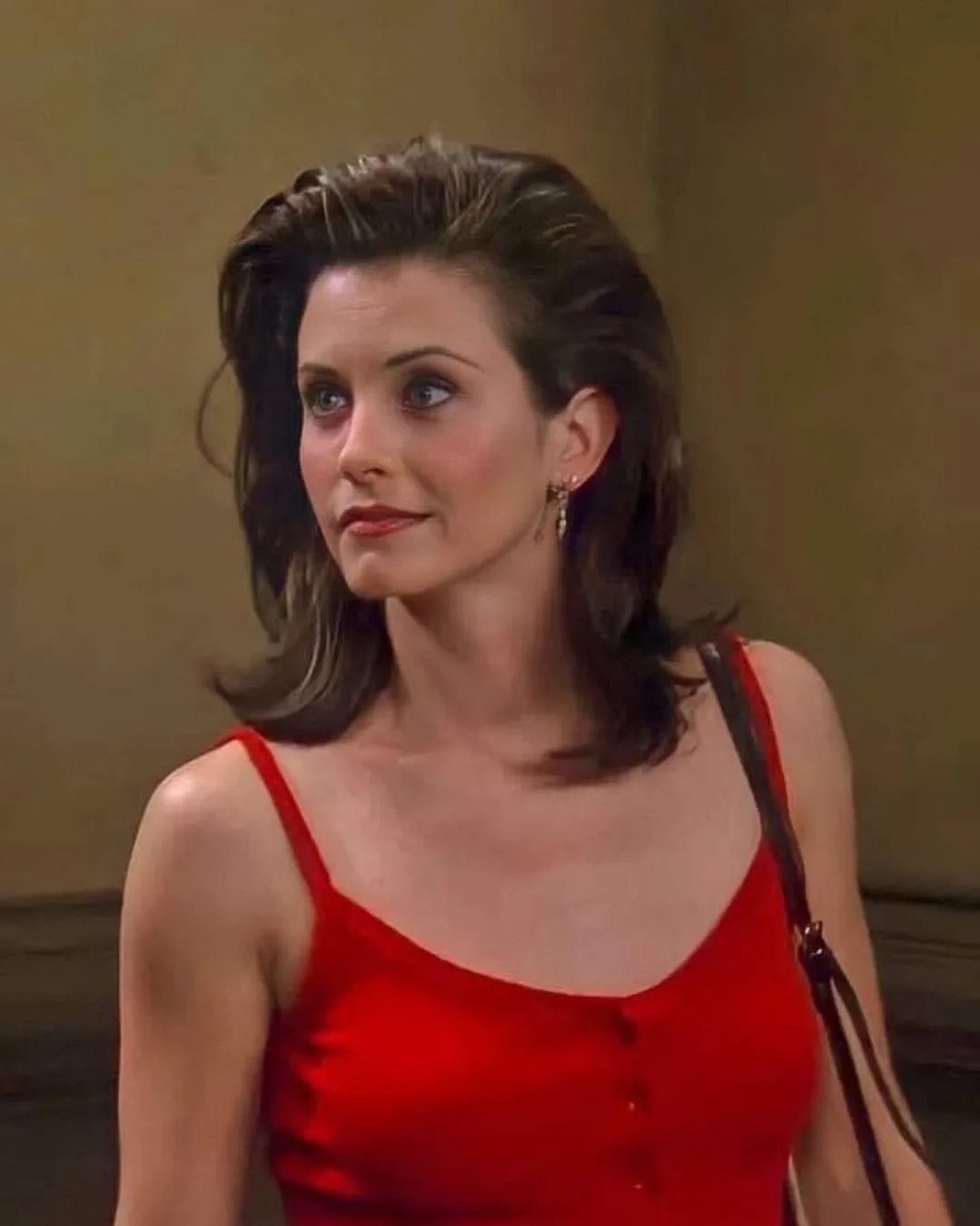 Monica Geller Outfits: 8 Iconic Looks to Recreate Now 3 Woman with brown hair wearing a red sleeveless scoop neck top with buttons.