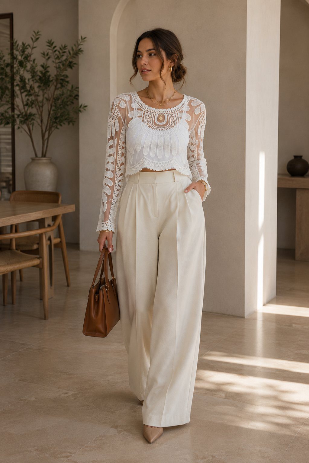 9 Music Festival Outfits for Every Weather and Vibe in 2026 2 Woman in white lace top and cream pleated trousers carrying a brown suede tote.