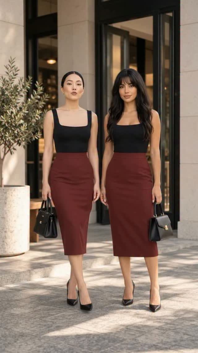 Two women wearing black cropped tops and high-waisted burgundy pencil skirts with black heels.