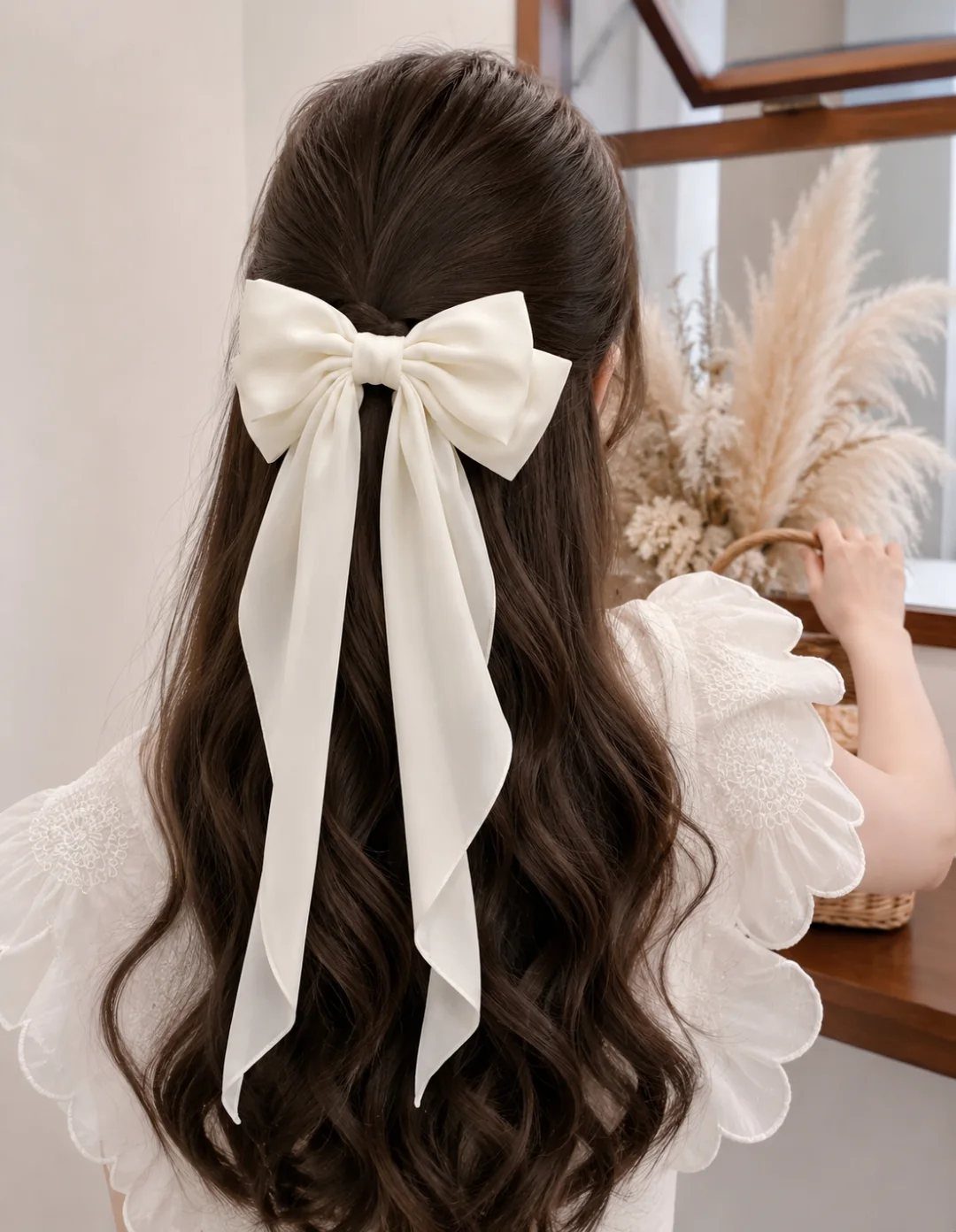 Picture Day Outfits That Photograph Beautifully (7 Ideas) 7 Girl with long wavy brown hair wearing a large white satin bow and white top.