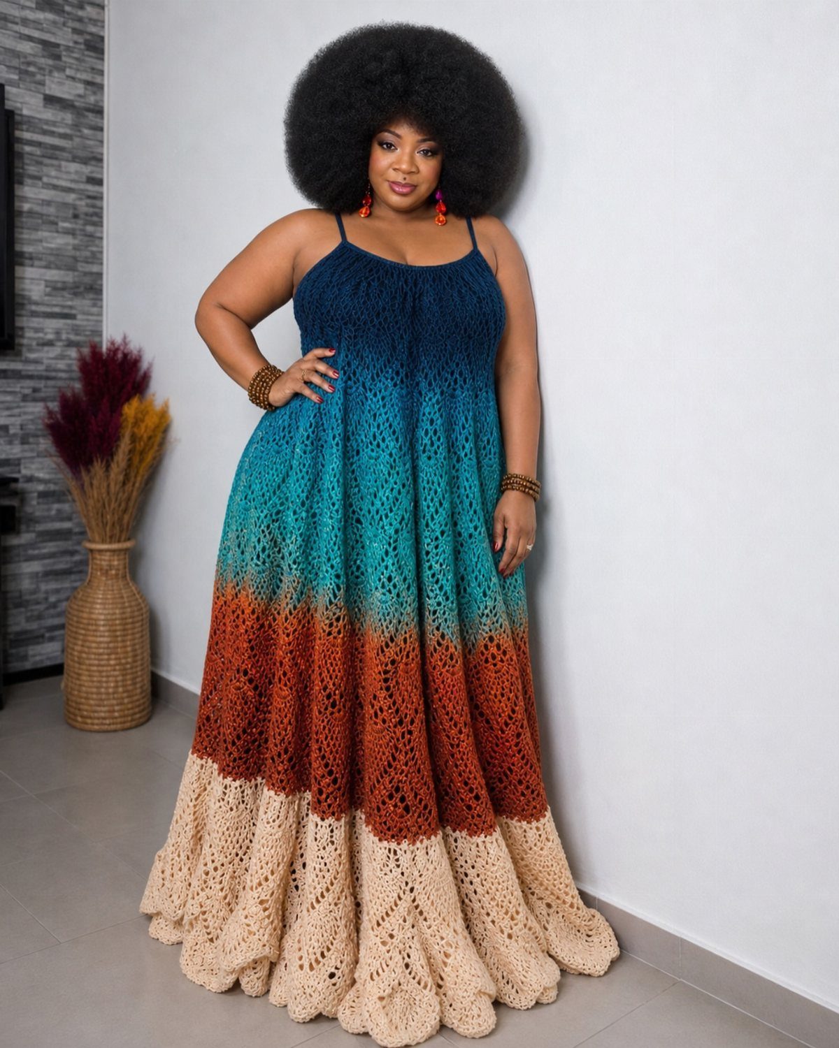 Plus Size Festival Outfits: 9 Looks You'll Want to Wear 4 Plus-size woman wearing a colorful crochet gradient maxi dress in a studio setting