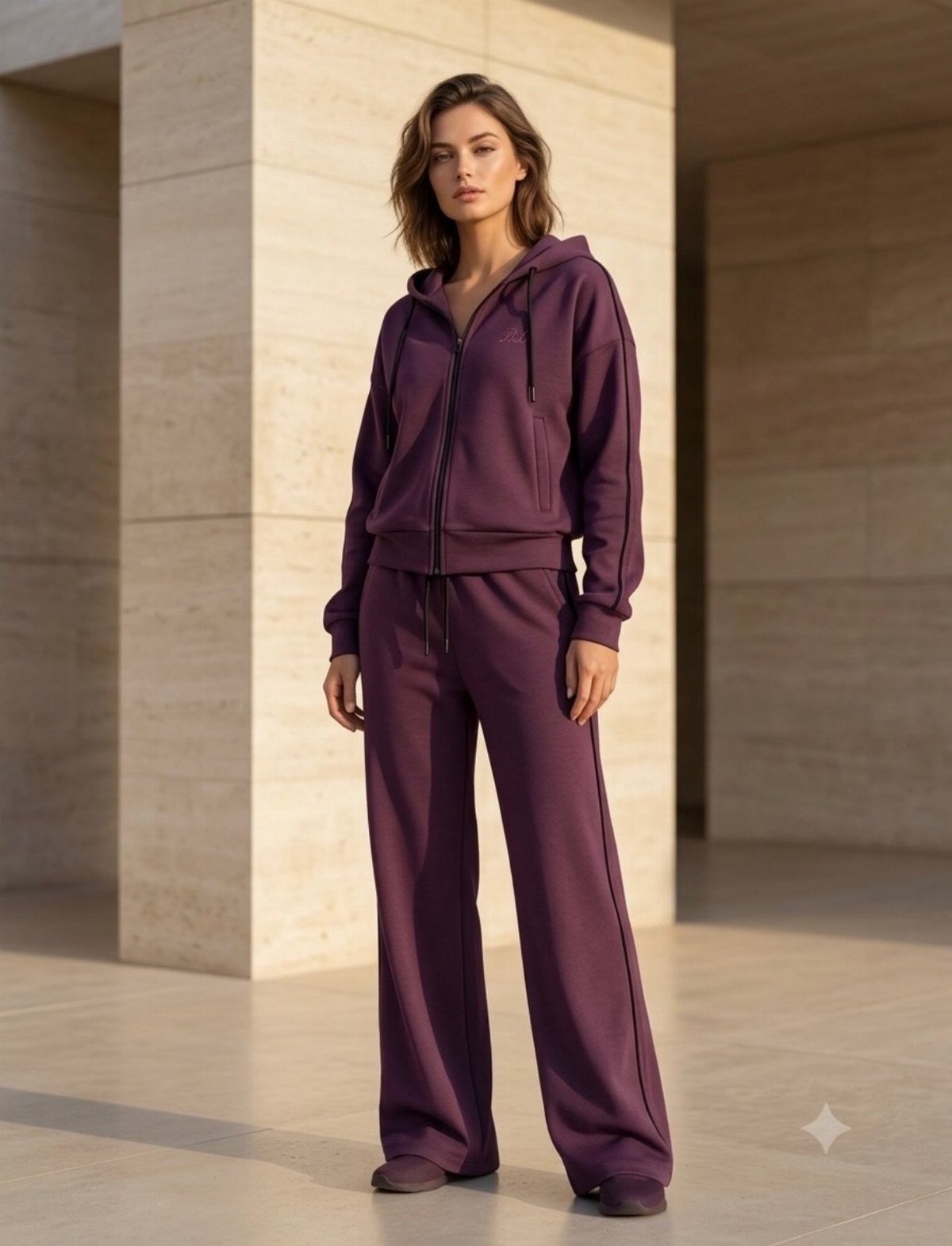 Purple Winter Outfits: 9 Ways to Style the Season's Boldest Color 9 Woman wearing a deep purple hooded tracksuit with wide-leg pants against stone walls.