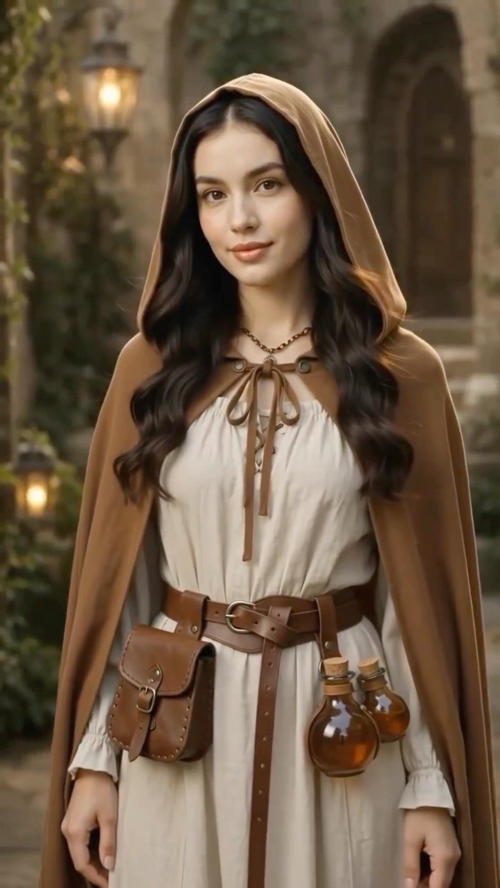 Renaissance Fair Outfits Women Can Wear: 12 Looks 11 Woman wearing a brown hooded cloak and cream medieval dress with leather accessories.
