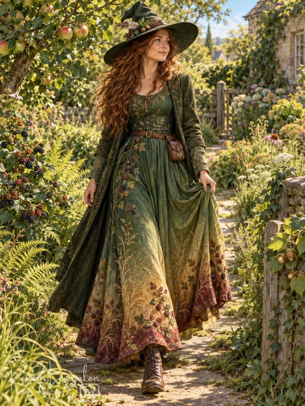 Renaissance Festival Outfits: 8 Ideas from Peasant to Princess 4 Woman in a green witch costume with a pointed hat walking in a garden