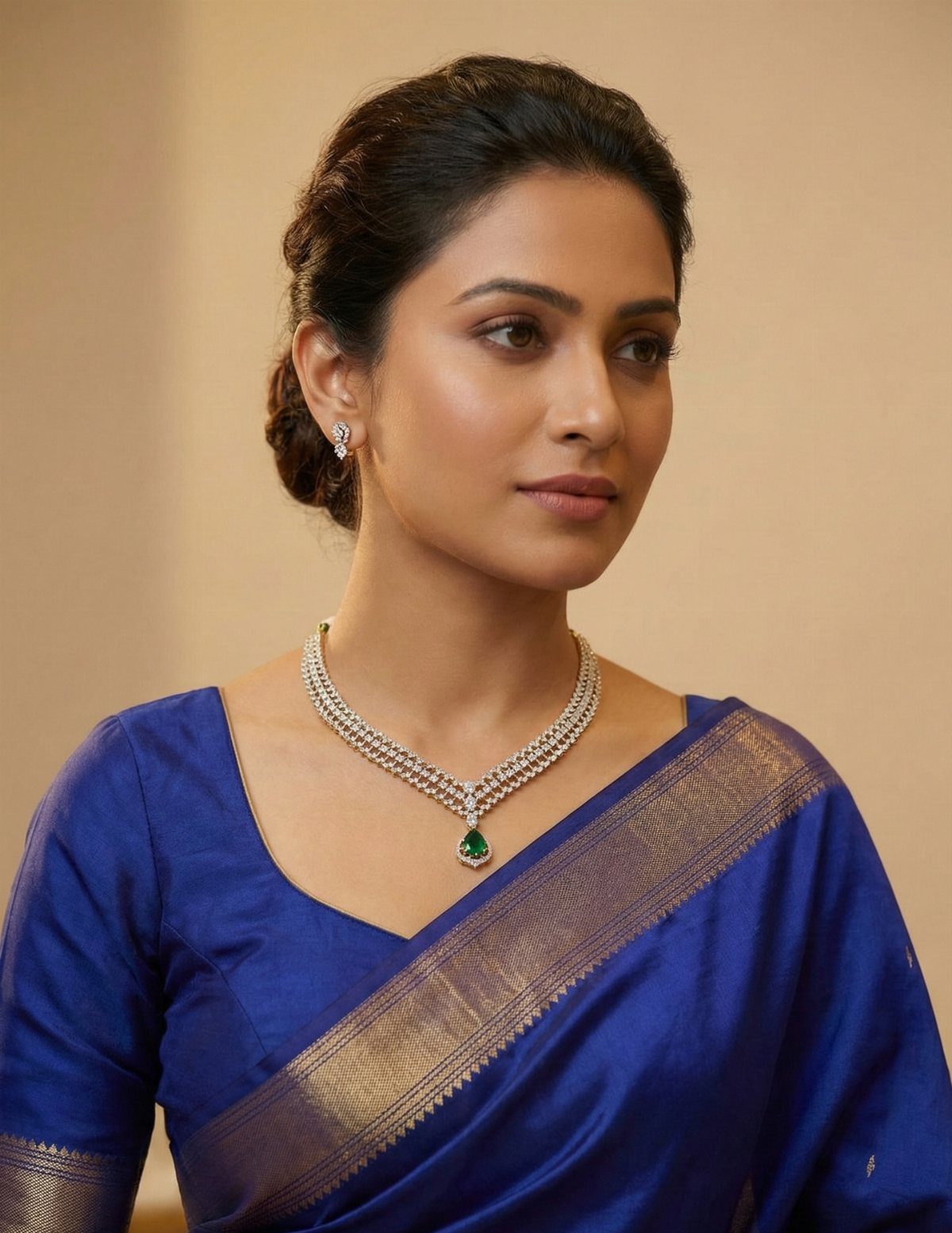 Royal Blue Outfits in 8 Styles for Every Occasion 2 Woman in royal blue saree wearing a diamond necklace with a green emerald pendant.