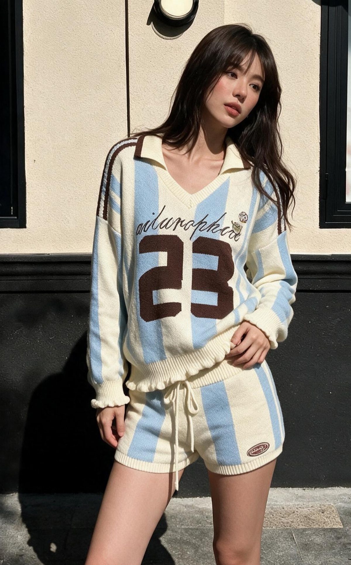 16 Short Torso Outfits That Balance Your Proportions 16 Woman wearing a cream and blue striped knit sweater and matching shorts set.
