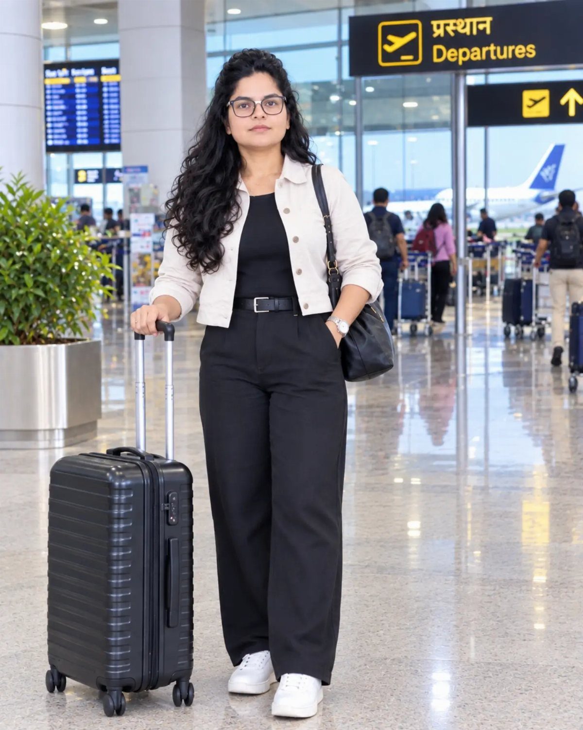 Woman in airport wearing black trousers, cream cropped jacket, and white sneakers with suitcase.