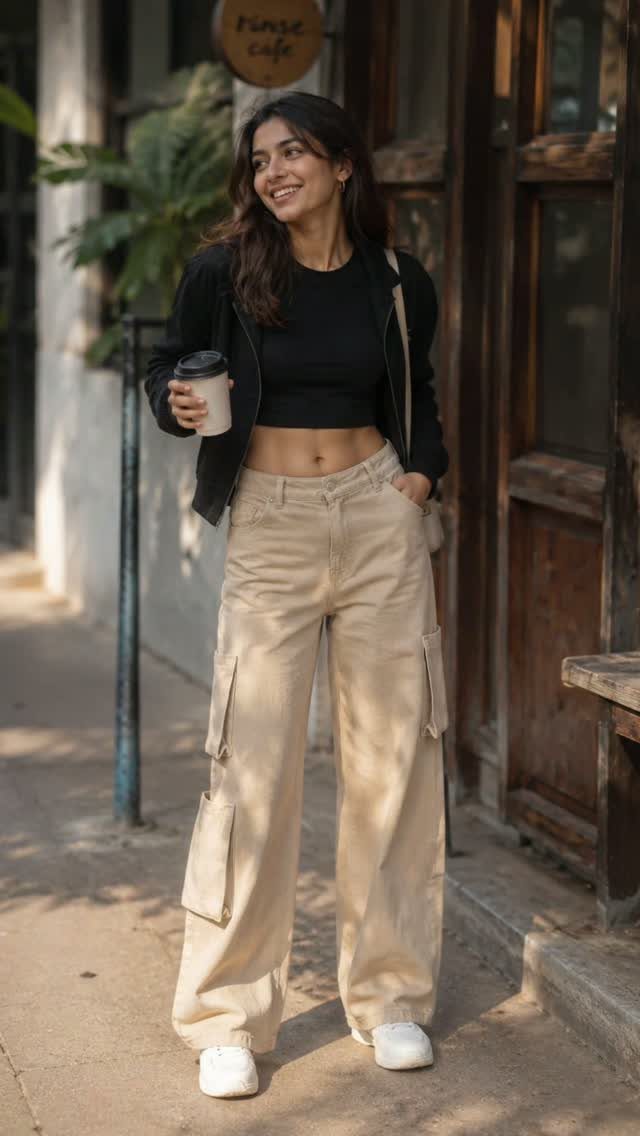 Woman wearing beige relaxed-fit cargo jeans, black cropped top, and white sneakers.