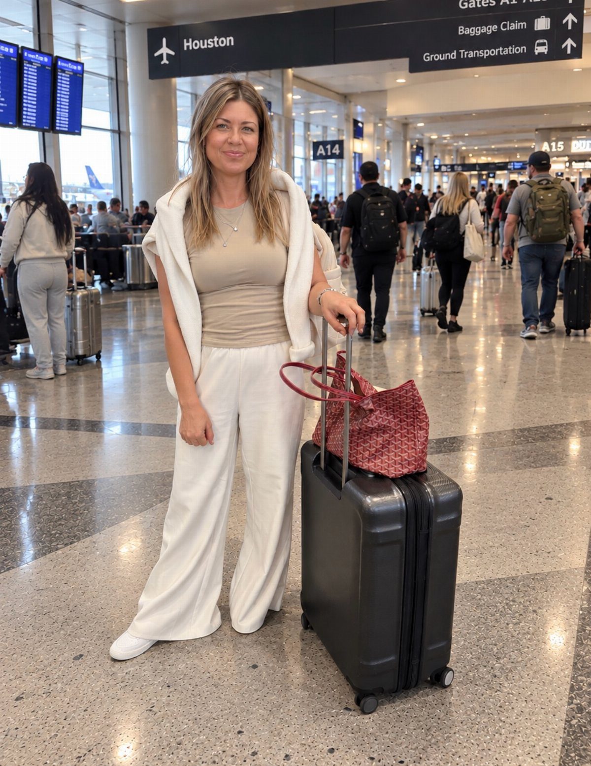 Woman in white wide-leg pants and beige top standing with luggage in airport terminal.
