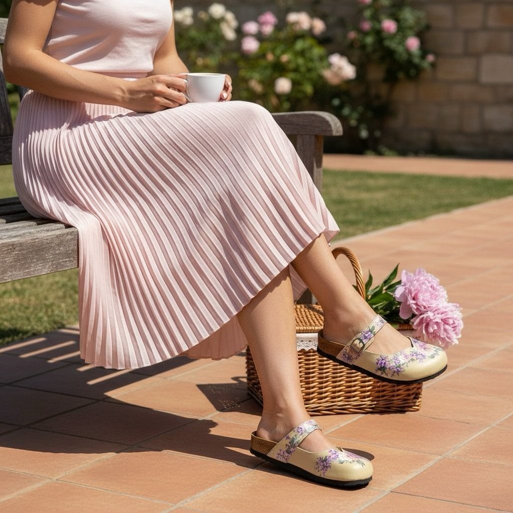 Tea Party Outfits for Adults: 10 Ideas from Garden to High Tea 10 Cream low-heeled shoes with floral embroidery worn with a pink pleated midi dress.
