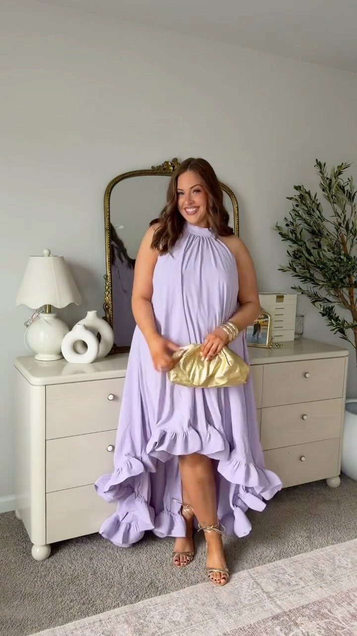 Tea Party Outfits for Adults: 10 Ideas from Garden to High Tea 5 Plus-size woman wearing a lilac high-low dress and gold heels for a tea party.