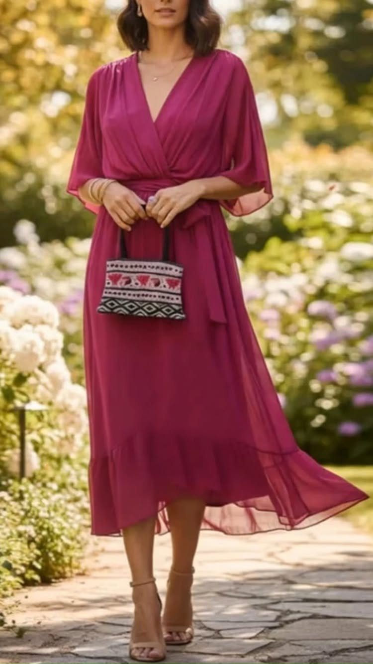 Tea Party Outfits for Adults: 10 Ideas from Garden to High Tea 6 Woman in a magenta wrap dress holding a small handbag in a flower garden.