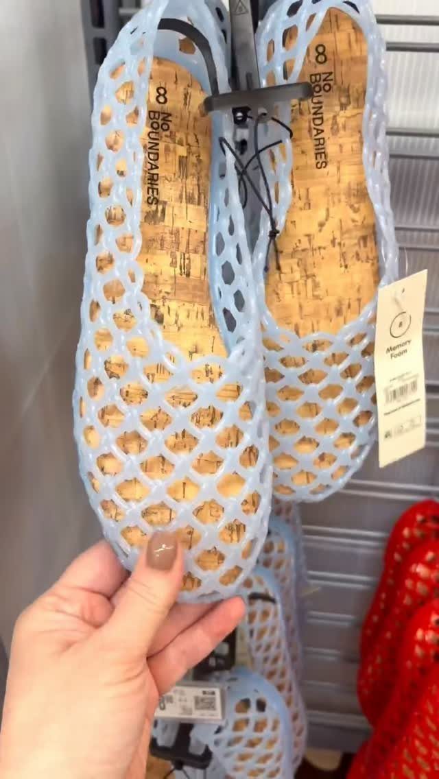 Walmart Spring Outfits: 10 Fresh Ideas for Women This Season 6 Light blue mesh ballet flats with cork insoles hanging on a store display rack.